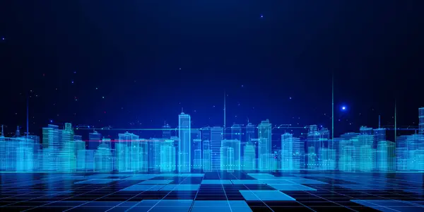 Sanal gerçeklik ve dijital teknolojiyi temsil eden, mavi ışıklarla aydınlatılmış, dijital ızgara biçiminde tasvir edilmiş gelecekçi bir şehir..