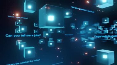 Sohbet robotu yapay zekasının kullanıcılarla etkileşim halinde olan dijital temsili, parlayan sorgulamalarla dolu sanal bir alanda soruları cevaplıyor.