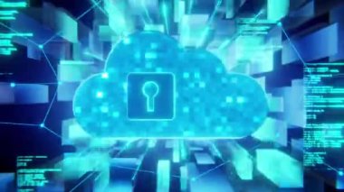 Bir dijital kod matrisi ve geometrik şekillerle çevrili, parlayan bir kilit ikonu ile bulut güvenliğini gösteren yüksek teknolojili bir konsept görüntüsü.