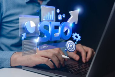Grafikler ve grafikler dahil SEO elemanları ile dijital pazarlama konsepti resmi, çevrimiçi pazarlama stratejileri ve arama motoru optimizasyon teknikleri için mükemmel