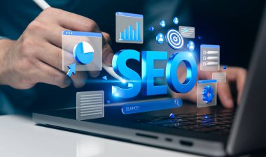 İş sunumlarında arama motoru optimizasyonunu göstermek için ideal, analizi, hedeflemeyi ve geliştirmeyi temsil eden dijital simgelerle SEO stratejilerini vurgulayan resim
