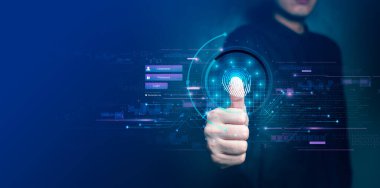 Dijital parmak izi ile biyometrik kimlik doğrulama kullanan, güvenli giriş ve kimlik doğrulama teknolojisini vurgulayan bir kişi.