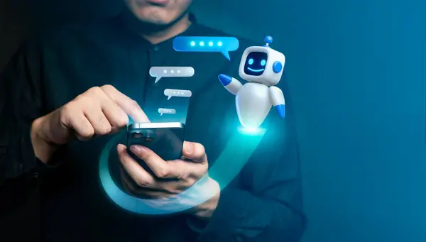 Modern teknoloji ve dijital iletişimi gösteren dost canlısı bir yapay zeka sohbet robotuyla iletişim kurmak için akıllı telefon kullanan kişi..