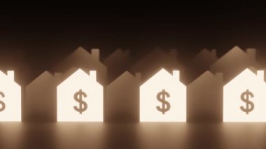 Parlayan ev simgeleri ve dolar işaretleriyle emlak piyasası değerleri. Mali ve mülkiyetle ilgili konular için mükemmel.