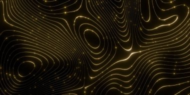 Soyut, parlak altın çizgiler koyu bir arkaplanda, topografik hatlara benzeyen dalgalı desenler oluşturuyor.
