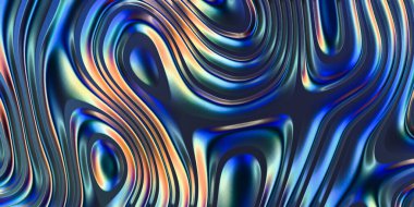 Karanlık arka planda parlak gökkuşağı gradyanı olan soyut dalgalı çizgiler, akışkan ve akışkan desenler yaratır..