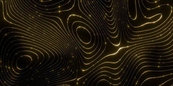 Soyut, parlak altın çizgiler koyu bir arkaplanda, topografik hatlara benzeyen dalgalı desenler oluşturuyor.