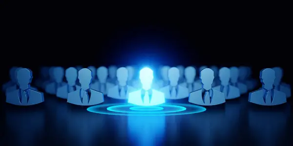 Aynı siluetler arasında parlayan bir insan figürü, liderliği, bireyselliği veya insan kaynakları seçimini sembolize ediyor..