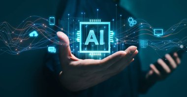 Yapay zeka, teknoloji entegrasyonu ve bağlı bir dünyada yeniliği temsil eden dijital simgeler ve veri akışlarıyla çevrili el ele tutuşan yapay zeka sembolü..