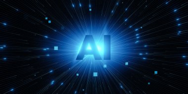 Merkezinde yapay zeka olan bir yıldız patlamasının mavi ve beyaz görüntüsü. Gelecekçi teknoloji ve yenilik kavramı