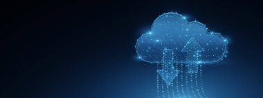 İkili kodlu soyut dijital bulut ve bulut hesaplama, veri yükleme ve sanal ortamda indirmeyi temsil eden oklar.