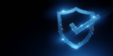 Fütürist bir dijital ortamda güvenlik, güvenlik ve veri korumasını temsil eden bir işaret ile parlayan dijital kalkan.