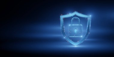 Fütürist bir çevrimiçi ortamda siber güvenlik, veri koruması ve güvenlik sistemlerini temsil eden bir kilitle parlayan dijital kalkan.