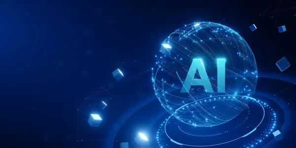 Üzerinde yapay zeka harfleri olan parlak bir küre olan mavi bir arka plan. Küre daha küçük karelerden oluşan bir çemberle çevrilidir.
