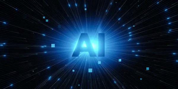 Merkezinde yapay zeka olan bir yıldız patlamasının mavi ve beyaz görüntüsü. Gelecekçi teknoloji ve yenilik kavramı