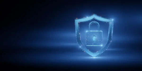 Fütürist bir çevrimiçi ortamda siber güvenlik, veri koruması ve güvenlik sistemlerini temsil eden bir kilitle parlayan dijital kalkan.