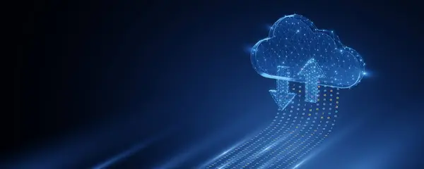 Parlak okları ve ikili kodu olan soyut kablo bulutu, gelecekçi bir ortamda bulut hesaplamasını, veri transferini ve dijital bağlantıyı sembolize eder..