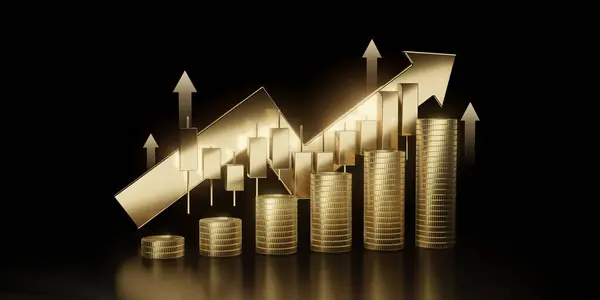 Altın bir para yığını ve yukarı bakan bir altın ok. Sikkeler piramit şeklinde istiflenmiş, en büyük para ise en üstteki. Büyüme ve refah kavramı