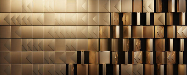 Abstract metallic wall design featuring textured, geometric panels in warm gold tones, ideal for luxury, modern, or architectural themes.