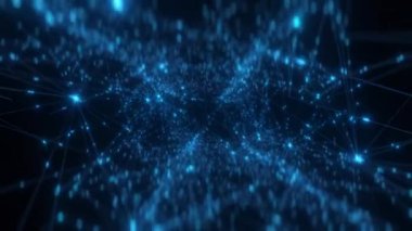 Parlayan düğümler ve çizgilerden oluşan soyut mavi dijital ağ, gelecekteki bir arka planda veri iletimi, iletişim ve teknoloji bağlantılarını temsil ediyor.
