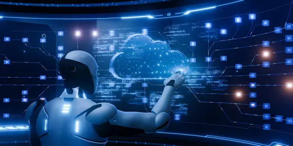 Parlayan bir bulut arayüzü ile etkileşime geçen, dijital ortamda bulut hesaplama sistemi içinde veri düzenleyen gelecekçi bir robot..