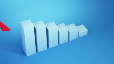 Finansal büyüme, başarı ve iş performansını gösteren, mavi zemin üzerinde kırmızı yukarı doğru bir ok bulunan 3D çubuk grafiği.