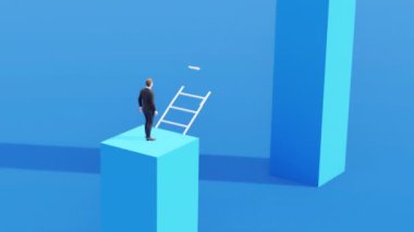 Bir iş adamı platformda duruyor, merdivene bakıyor ve kariyerinin büyümesini ve fırsatları simgeliyor..