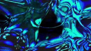 Parlak, dalgalı desenler ve yansıtıcı yüzeylerin yer aldığı, mavi ve yeşil renklerde canlı ve soyut bir sıvı dokunun yakın çekimi.