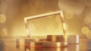 altın podyum arka planı dikdörtgen geometrik, dikdörtgen animasyon döndürme, bokeh altın yanıp sönen arkaplan, ürün için sahne, 4k çözünürlük.