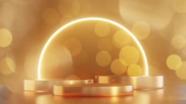 Neon kemerli altın podyum arka plan. Yanıp sönen ışık neonu, altın bokeh, ürün sahnesi, 4k Çözünürlük. soyut lüks arkaplan.