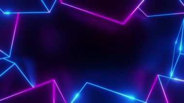 Siyah arkaplan üzerinde pembe mavi küp neon geometrik çerçeve, kopyalama alanı, döngülü, 4k çözünürlüklü ışık animasyonu.