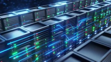 Sunucu odasındaki dijital veri akışı fütüristik. kamera kulesi görüntüsü animasyonu, veri merkezi veya internet servis sağlayıcısı, 4k çözünürlük