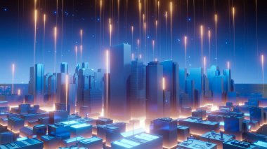 soyut, bilim, fütüristik, enerji teknolojisi ve şehir manzarası kavramı. ok işaretinin dijital görüntüsü, ışık ışınları, mavi ışık çizgileri, hızlı hareket deseni ve koyu mavi arkaplan üzerindeki hareket bulanıklığı, 3d render