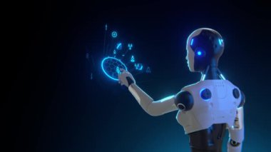 Yapay Zeka Robotu, açık dünya ağına dokunuyor internet, akıllı, teknoloji laboratuarı odası. Kamera geri robot.