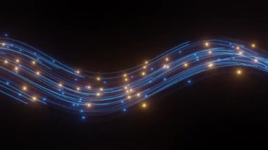 Fiber ağ, parçacık ve çizgi hareketli mavi döngü arkaplanı sallıyor. Hareket eden yıldızlı evren tozu. Sanal alan. Neon eğrileri boyunca ışık topları.