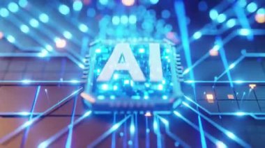 Yapay Zeka Dijital Beyin, Data Ai çipini fütüristik döngü animasyonunda devre kartına yerleştirdi. Gelecekteki teknolojik sanat eserleri için yapay zeka derin bilgisayar öğrenme makinesi düşünme süreci. Sanal