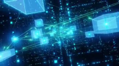 Blockchain ağ bağlantısı arka planı, teknoloji konsepti, kamera drone sinek animasyon görüntüsü, mavi renkli, 4k çözünürlüklü