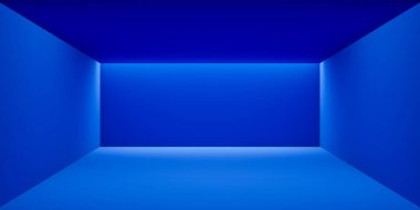 Minimalist mavi bir odanın soyut 3D yansıması kenarlarda yumuşak ortam ışıklandırması, fütüristik bir atmosfer yaratıyor..