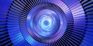 Aydınlatılmış mor ve mavi elementlerle fütüristik bir spiral tünel tasvir eden soyut dijital sanat eserleri dinamik bir görsel etki yaratıyor..