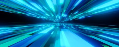 Parlayan mavi ve gök mavisi geometrik şekilli gelecekçi bir dijital manzaranın soyut üç boyutlu çizimi hız ve hareket hissi yaratıyor..