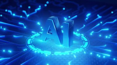 Yapay zekanın yükselişini ve gelişmiş teknolojiyle bütünleşmesini temsil eden fütüristik devre arkaplanına 