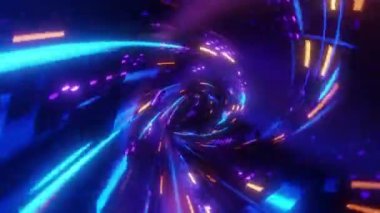 Tünel fütüristik teknoloji, hız kamerası hareketli animasyon, spiral şekilli tünel geometrik, parlayan dijital model, döngülü, 4k çözünürlük