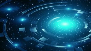 Dijital nokta ışık parçacıkları ile soyut çember geometrik teknoloji arka planı.