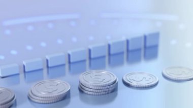 Grafik hisse senedi tüccarı ile bozuk para yığını, büyüme madeni para animasyonu.