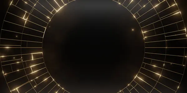 Karanlık bir yüzeyde geometrik çizgileri olan, parlak dairesel altın çerçeveli, metin veya tasarım elementleri için zarif bir alan bırakan sofistike bir lüks arka plan..