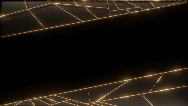 Parlayan altın geometrik çizgilerin yer aldığı lüks bir arka plan. Karanlık bir yüzeyde çerçeve oluşturuyor. Metin veya tasarım elementleri için boş alan var..