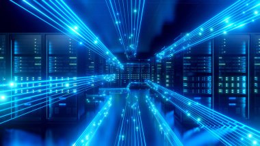 Satır ağ verisi olan sunucu odası, hız çizgisi İnternet