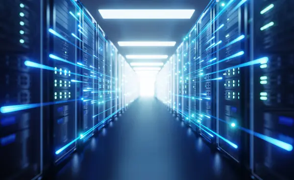 Sunucu odası, kamera yüksek hızda çalışan bir sürü veriye sahip yüksek hızlı bir internet hattı ile hareket ediyor.