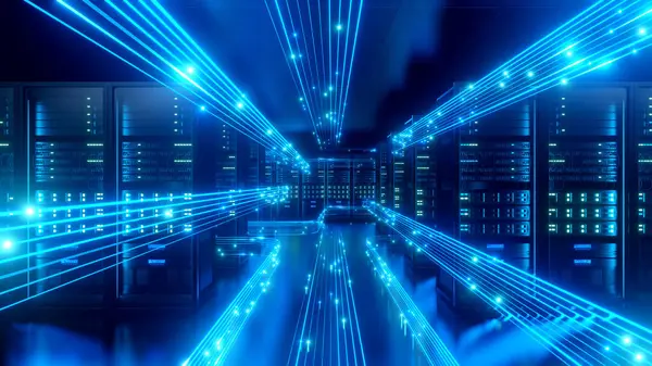 Satır ağ verisi olan sunucu odası, hız çizgisi İnternet