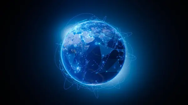 Yeryüzü gezegeninin ağ iletişimi, mavi parlayan ışık enerjisi, dünyanın etrafında kablo ışığı.